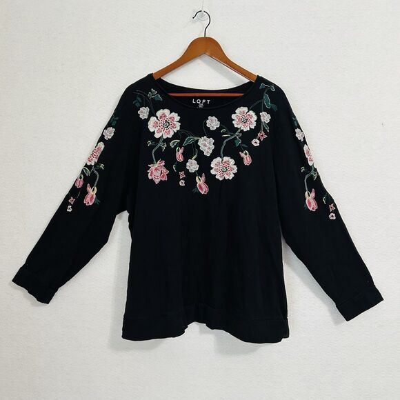 Loft Plus Top Women 24/26 Black Floral Embroidery Sweatshirt Cottage Casual Cozy - Picture 12 of 13